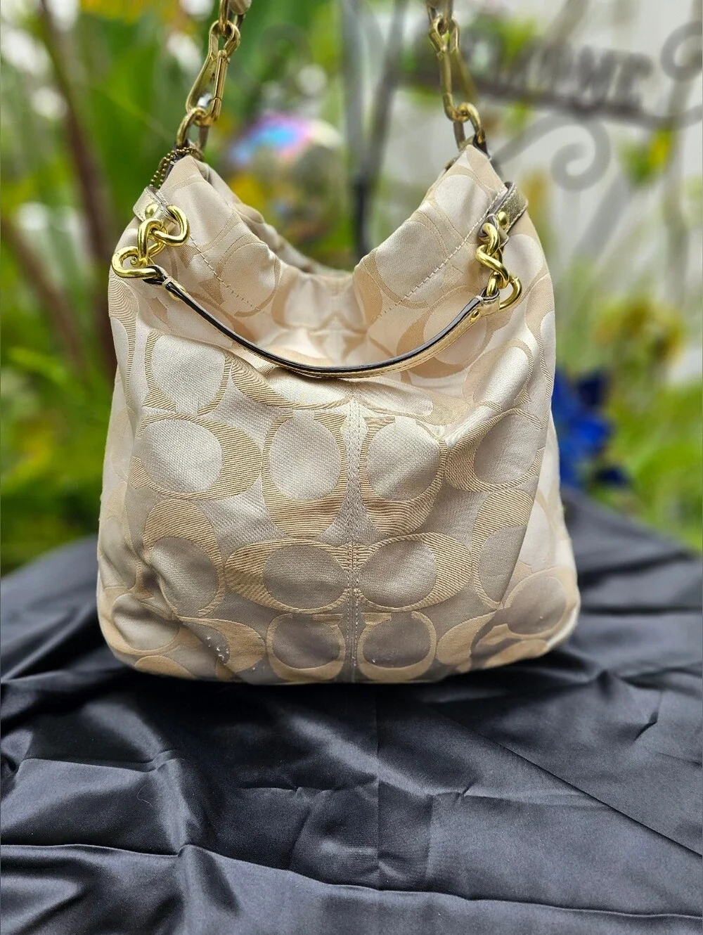Coach F15679 Signature Optic Soho Hobo Bag Champagne Gold Sateen Jacquard